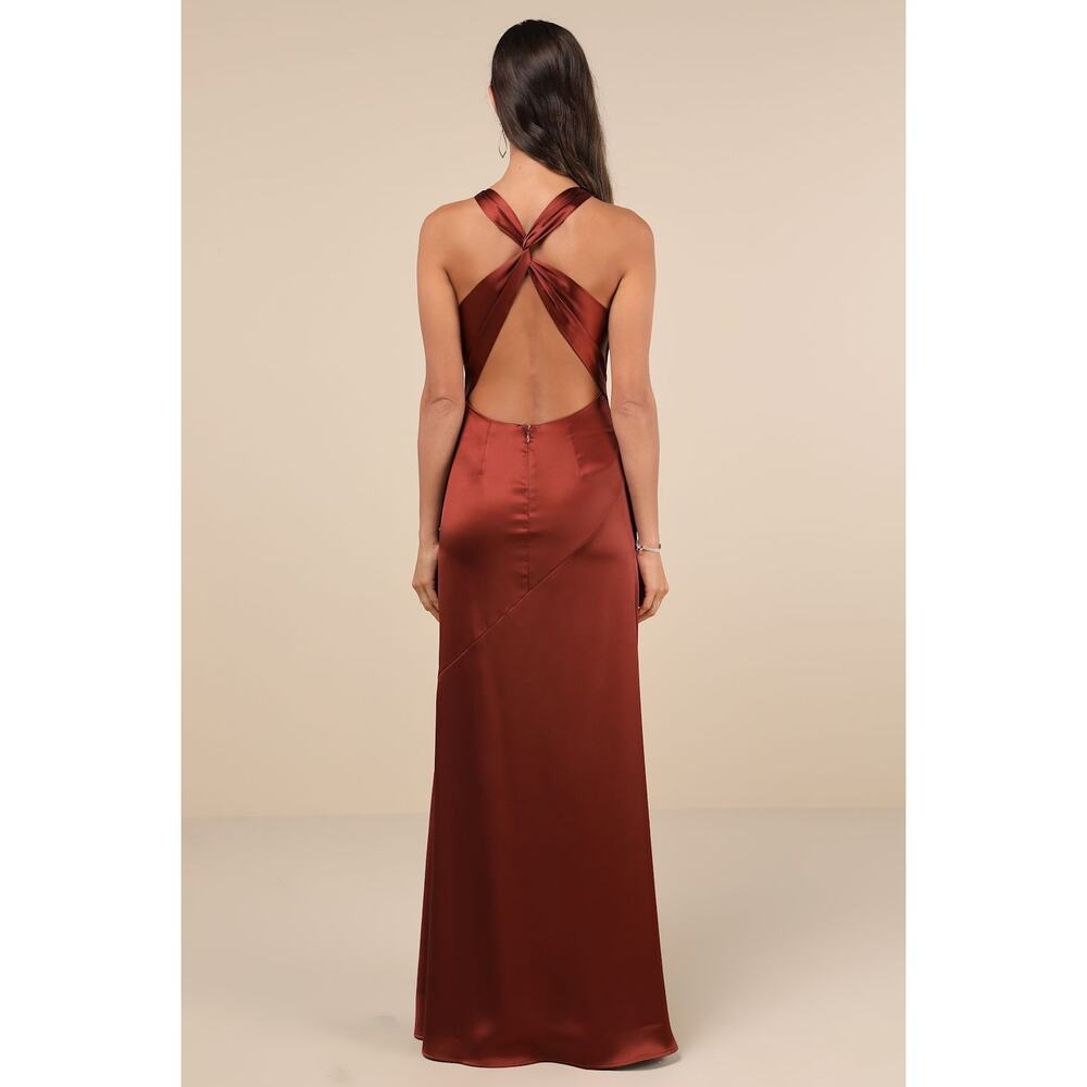 NWT Lulus Purely Elegant Rust Brown Satin Twist-Back Maxi Dress Bridesmaid Sz M - Picture 3 of 8